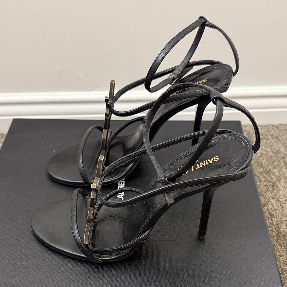 Saint Laurent CASSANDRA Black Strappy Heeled Sandals with Gold YSL size 38.5 - Picture 7 of 11